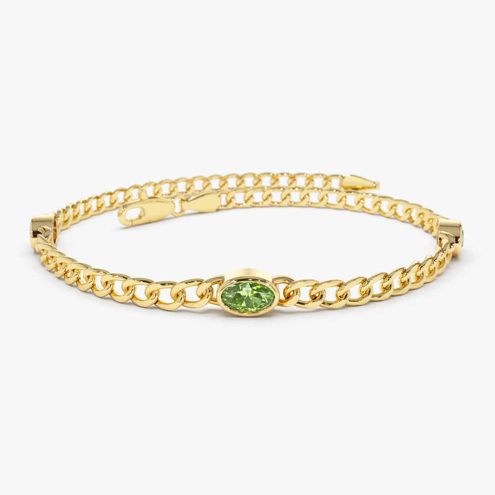 OBFJ2223 - Cuban Link Bracelet w/ Bezel Setting Peridot bracelets in selectable metal and diamond options - Roselle Jewelry view 1