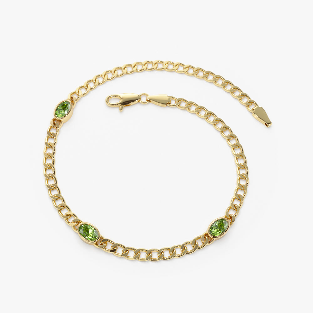OBFJ2223 - Cuban Link Bracelet w/ Bezel Setting Peridot bracelets in selectable metal and diamond options - Roselle Jewelry view 7