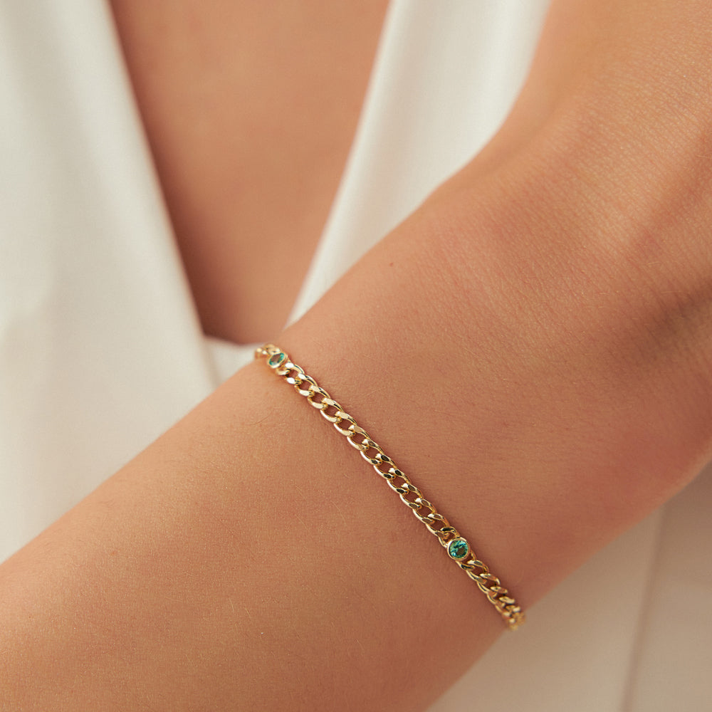 OBFJ2282 - Cuban Link Bracelet w/ Bezel Setting Emerald bracelets in selectable metal and diamond options - Roselle Jewelry view 2