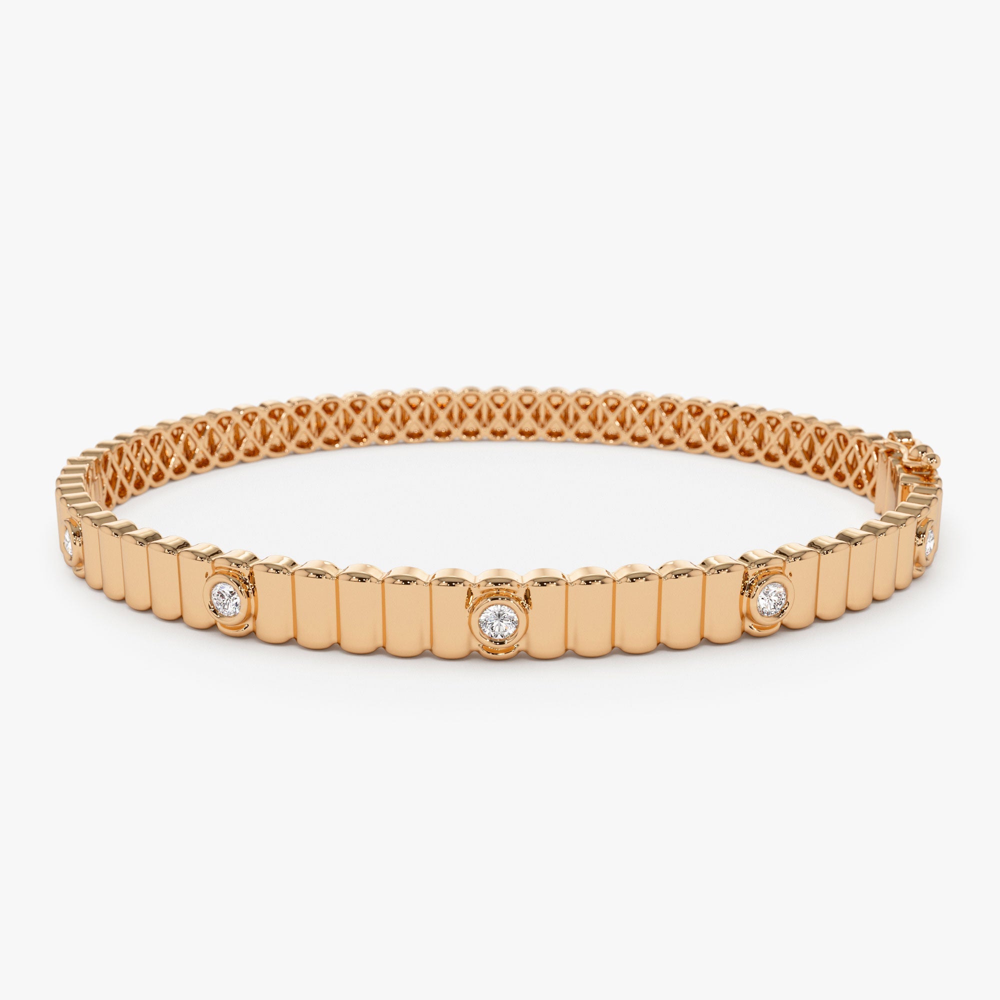 OBFJ1170 - 14k Gold Ribbed Diamond Bangle Bracelet 8