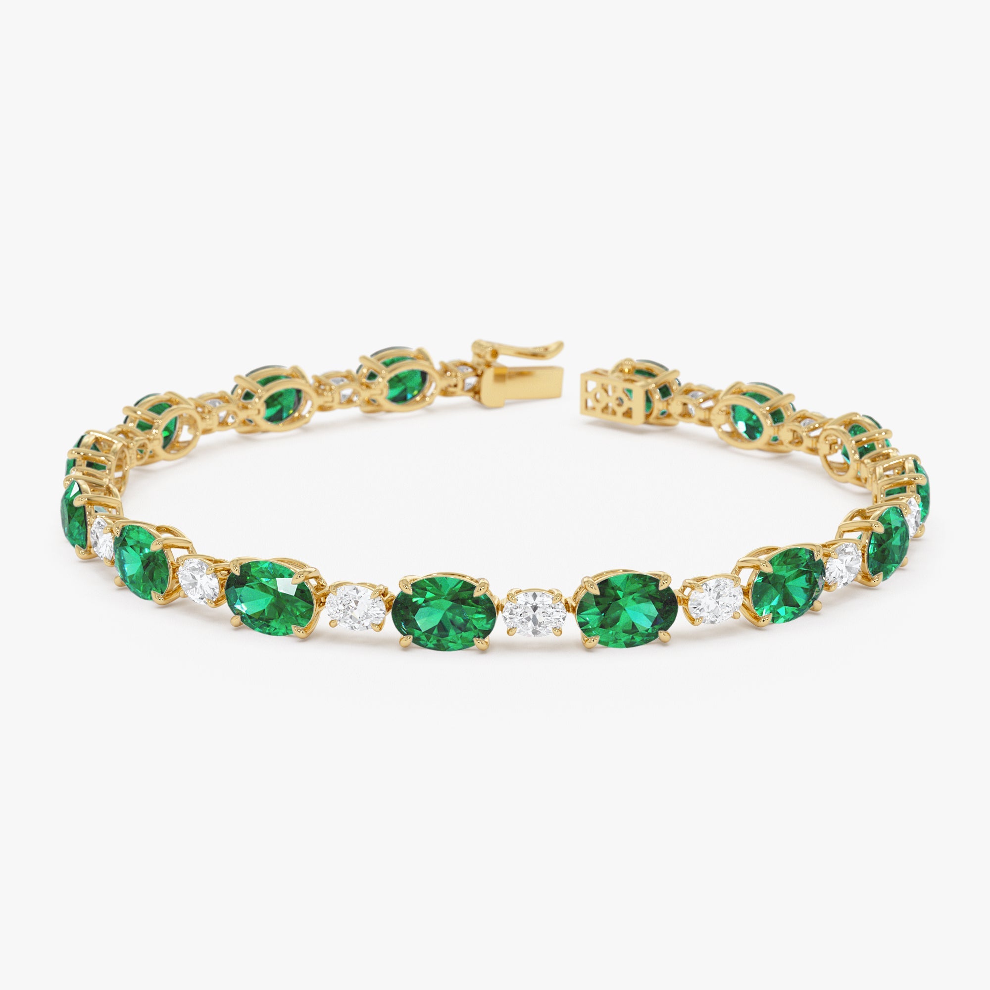 OBFJ0091 - 15.75 ctw 14k Lab Grown Colombian Oval Emerald and Oval Diamond Bracelet - Molly 1