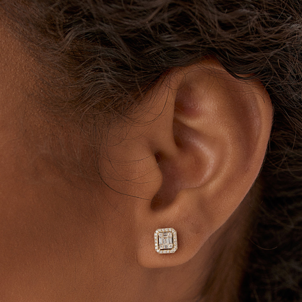 OBFJ0194 - 14k Rose Baguette and Round Diamond Studs Halo Setting 3