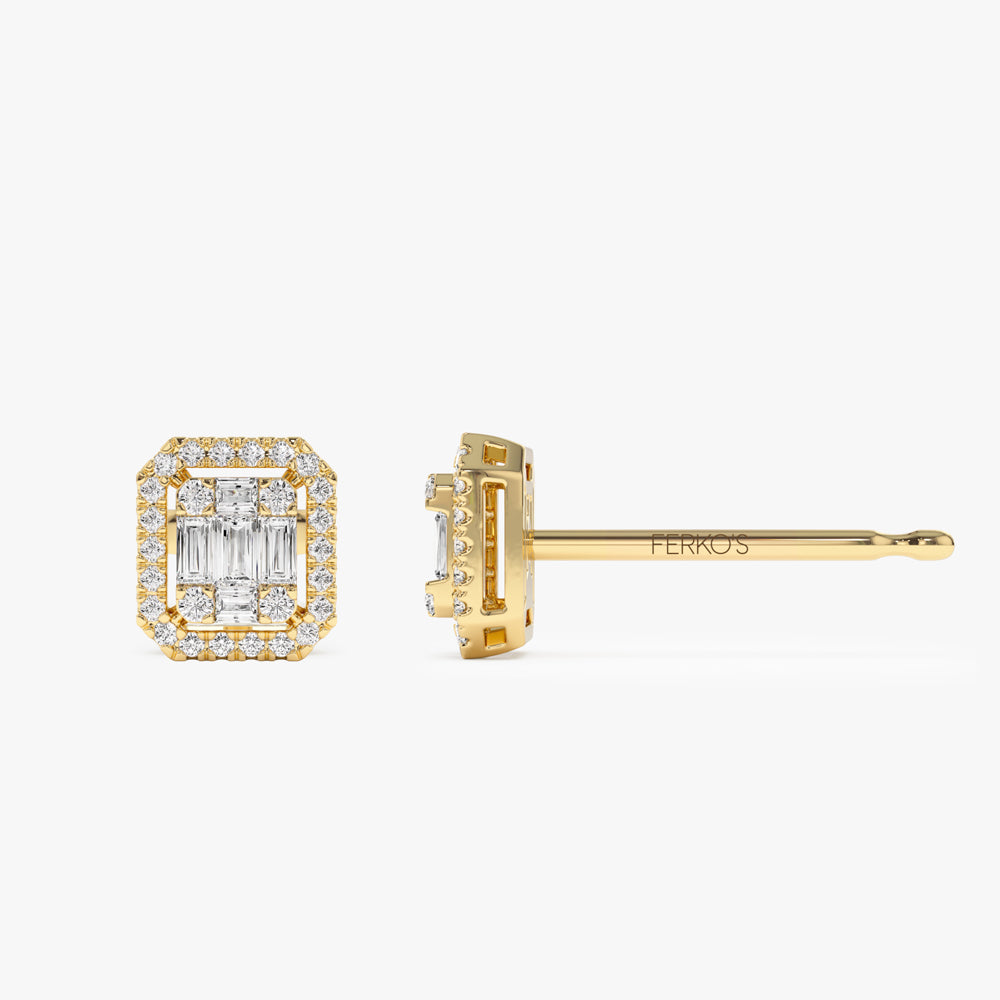 OBFJ1468 - 14k Baguette and Round Diamond Studs Halo Setting 5