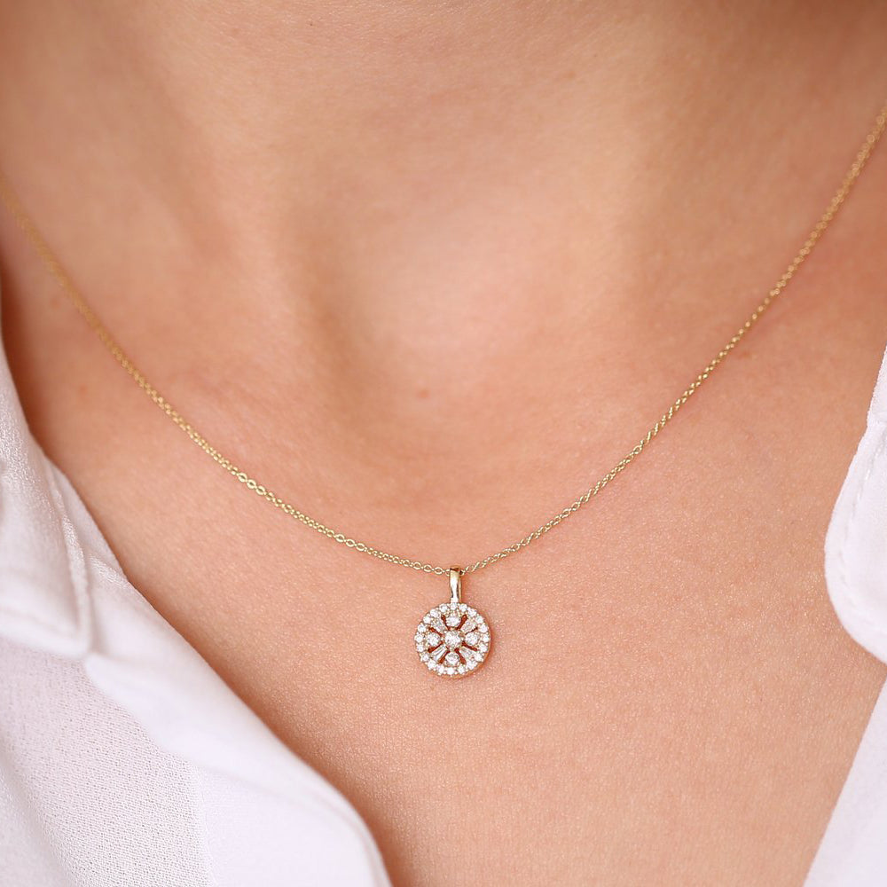 OBFJ0123 - 14K Rose Baguette and Round Diamond Charm Necklace 2
