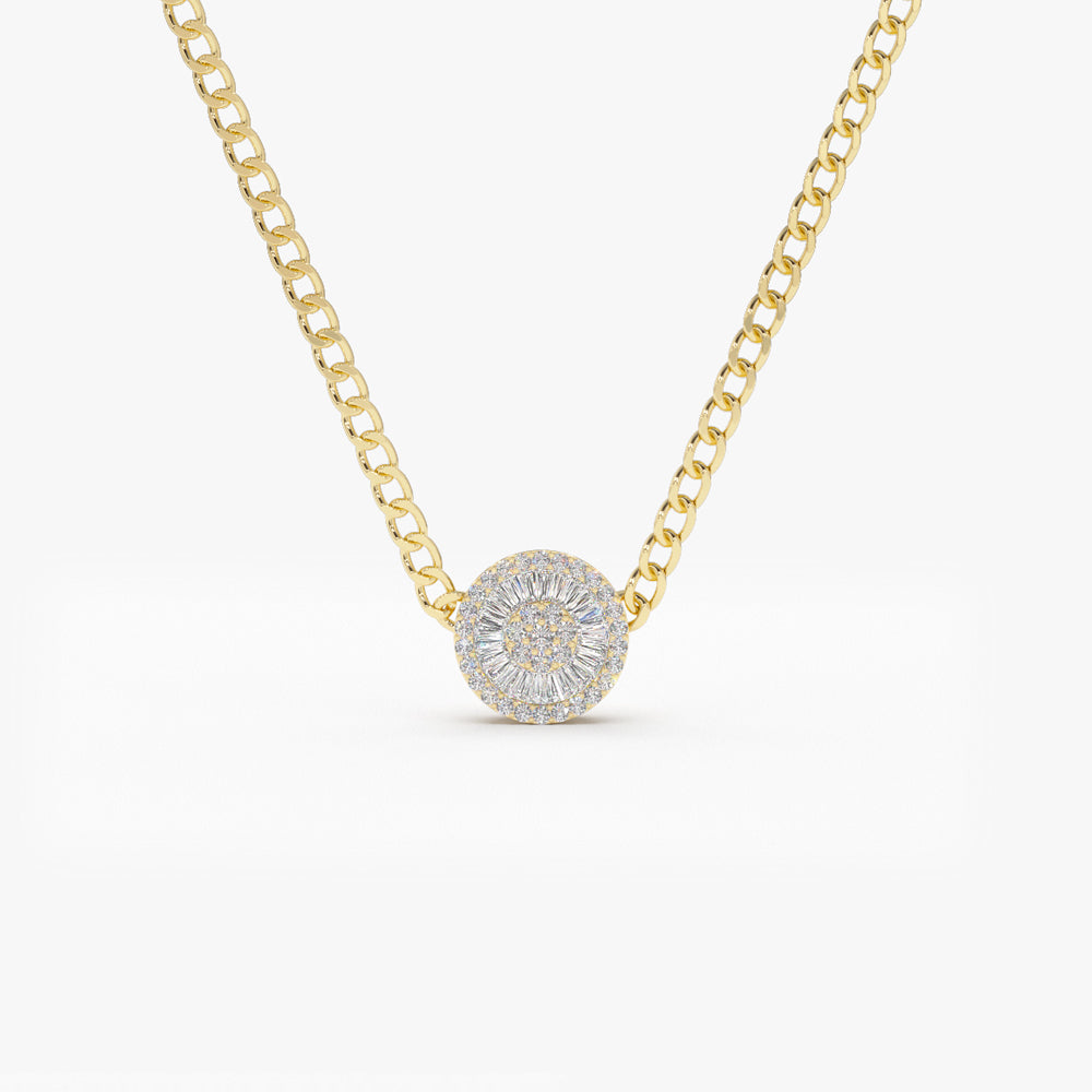 OBFJ2202 - 14k Gold Curb Link Baguette Diamond Disc Cluster Necklace 1