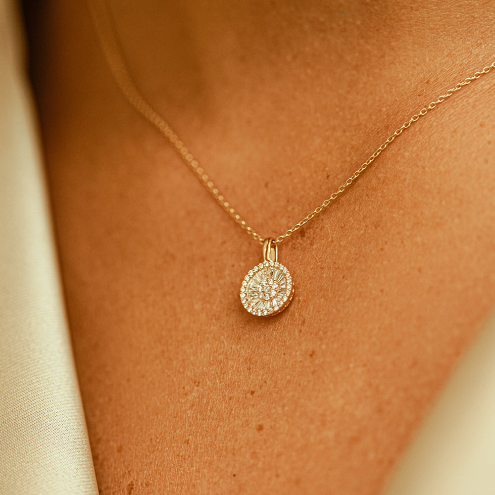 OBFJ0215 - 14K Rose Baguette Diamond Disc Cluster Necklace 2