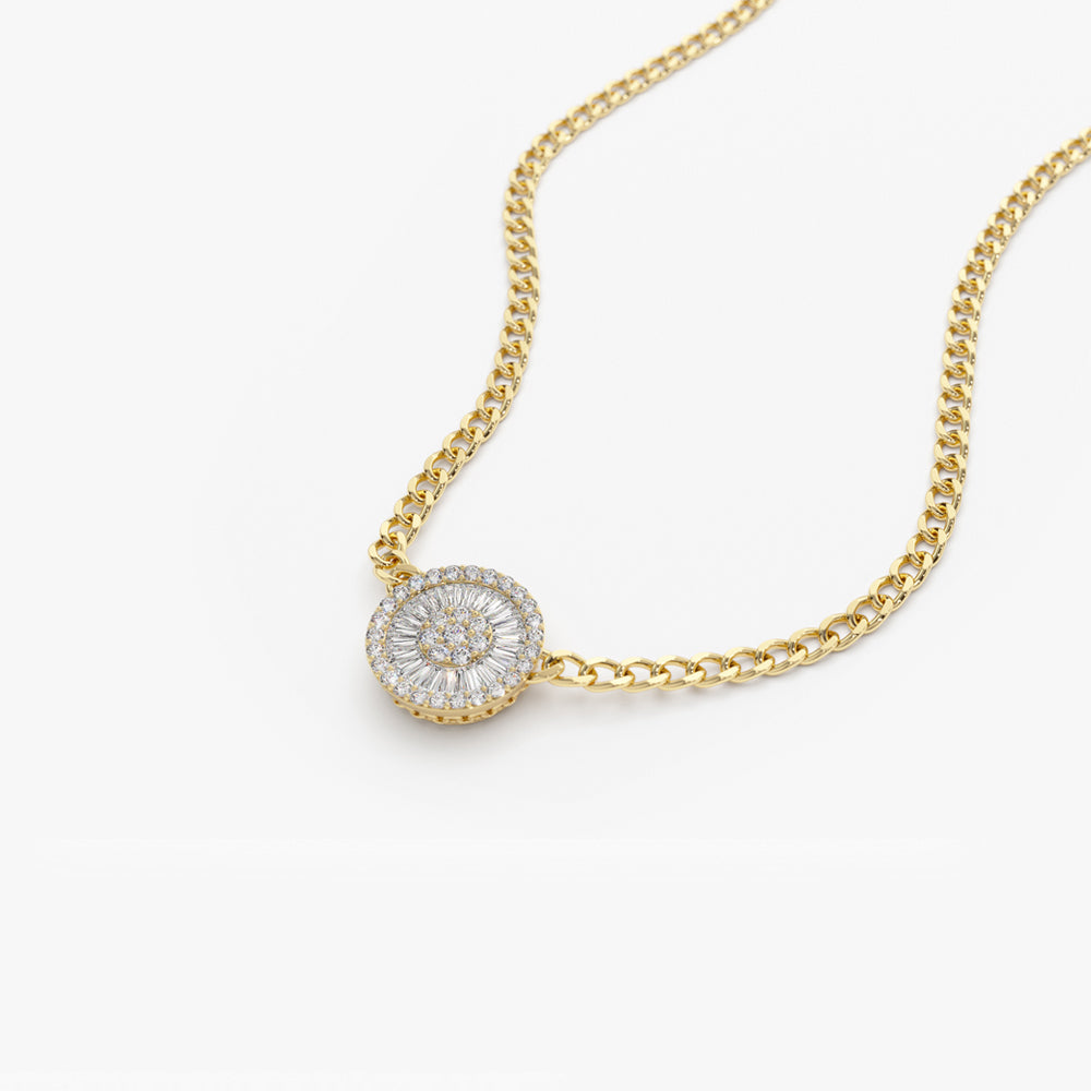 OBFJ2202 - 14k Gold Curb Link Baguette Diamond Disc Cluster Necklace 5