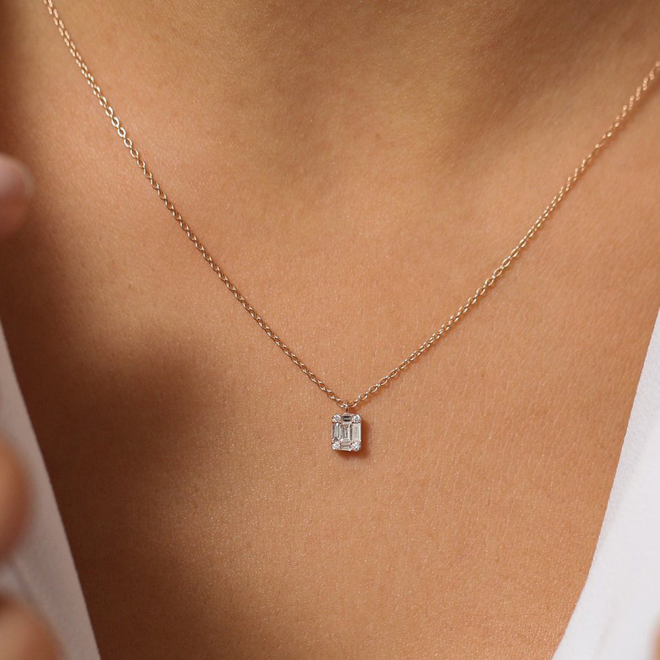 OBFJ2012 - Baguette & Round Diamond Charm Pendant necklace in selectable metal and diamond options - Roselle Jewelry view 2