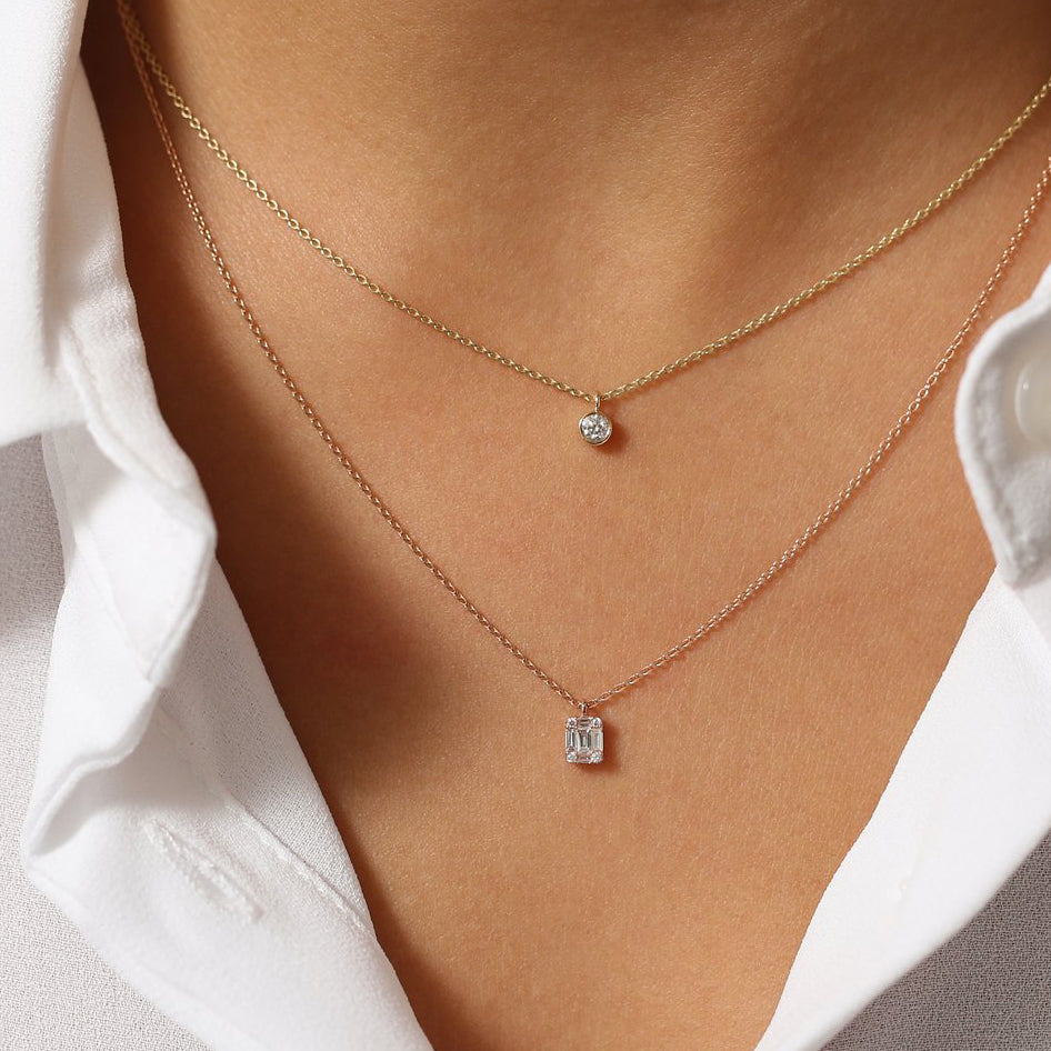 OBFJ2012 - Baguette & Round Diamond Charm Pendant necklace in selectable metal and diamond options - Roselle Jewelry view 4