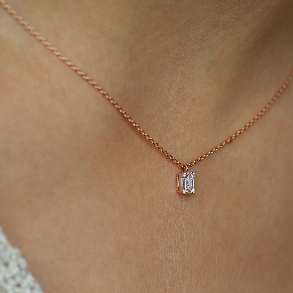 OBFJ2012 - Baguette & Round Diamond Charm Pendant necklace in selectable metal and diamond options - Roselle Jewelry view 3