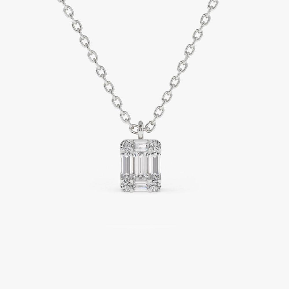 OBFJ2012 - Baguette & Round Diamond Charm Pendant necklace in selectable metal and diamond options - Roselle Jewelry view 6