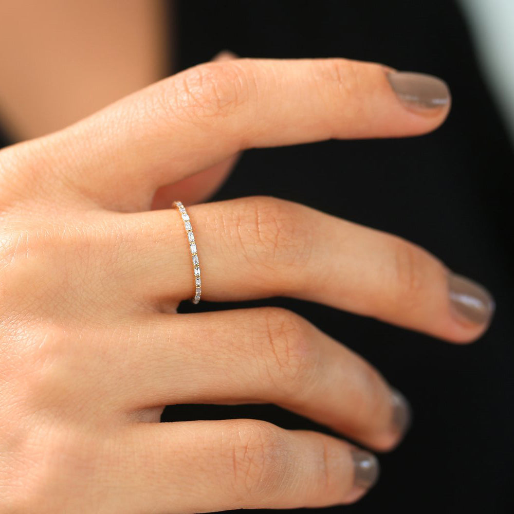 OBFJ0234 - 14K Rose Ultra Thin Half Eternity Baguette Diamond Stackable Ring 5