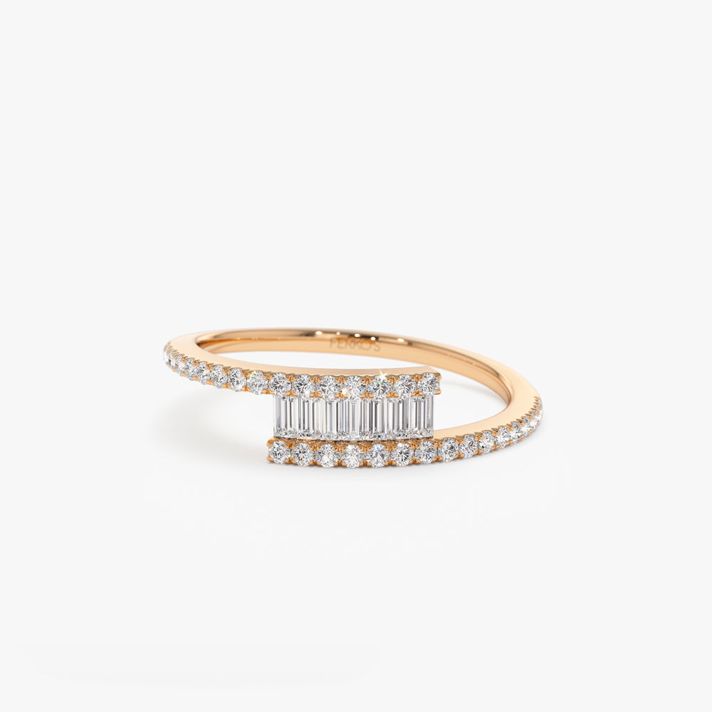 OBFJ1041 - 14k Cross Over Baguette Diamond Ring with Pave Diamonds 5