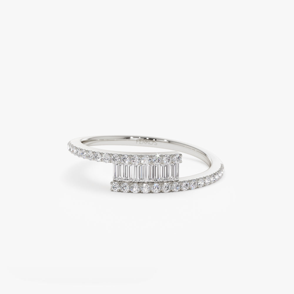 OBFJ1041 - 14k Cross Over Baguette Diamond Ring with Pave Diamonds 6