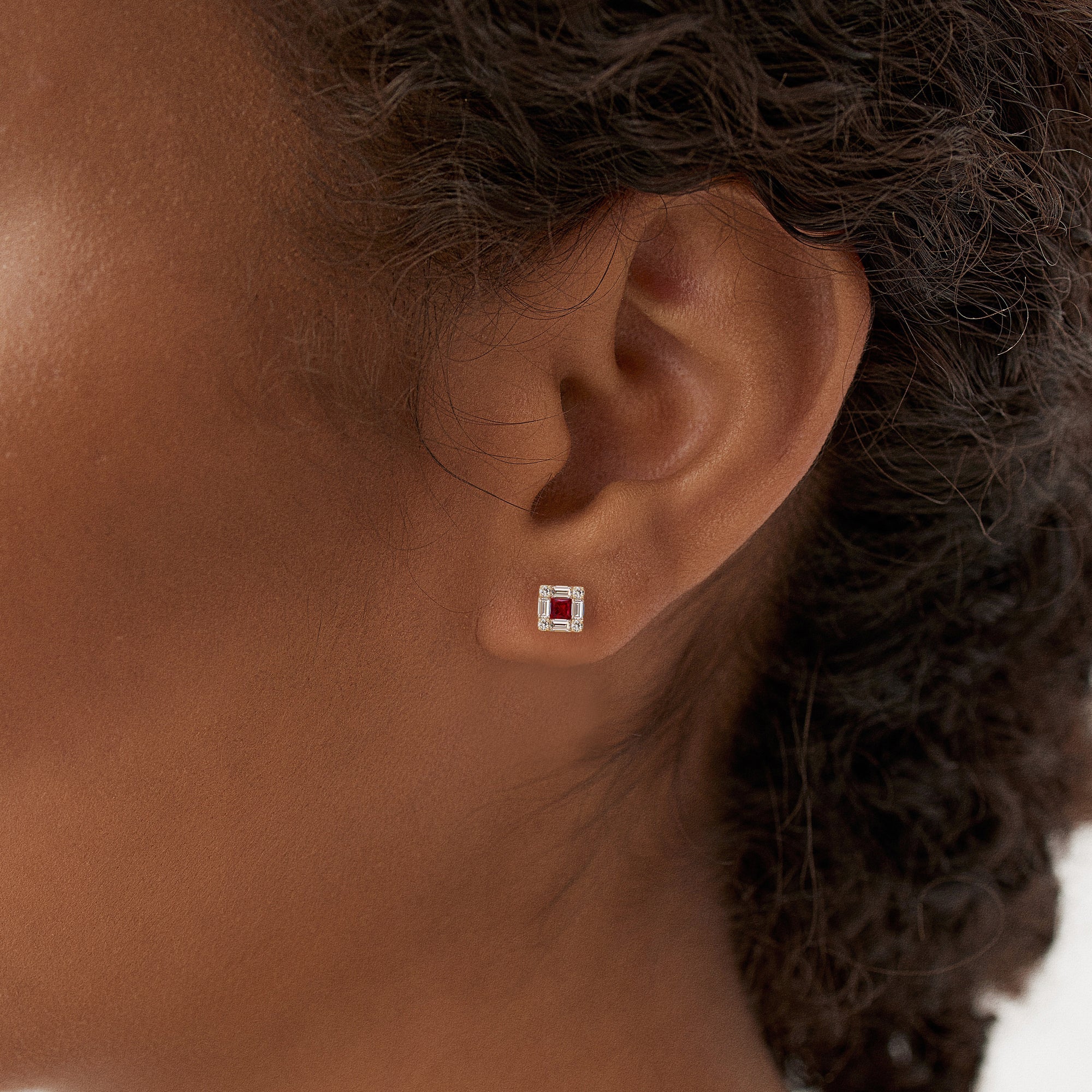 OBFJ0877 - 14K Princess-Cut Ruby Stud Earrings with Diamond Halo 2