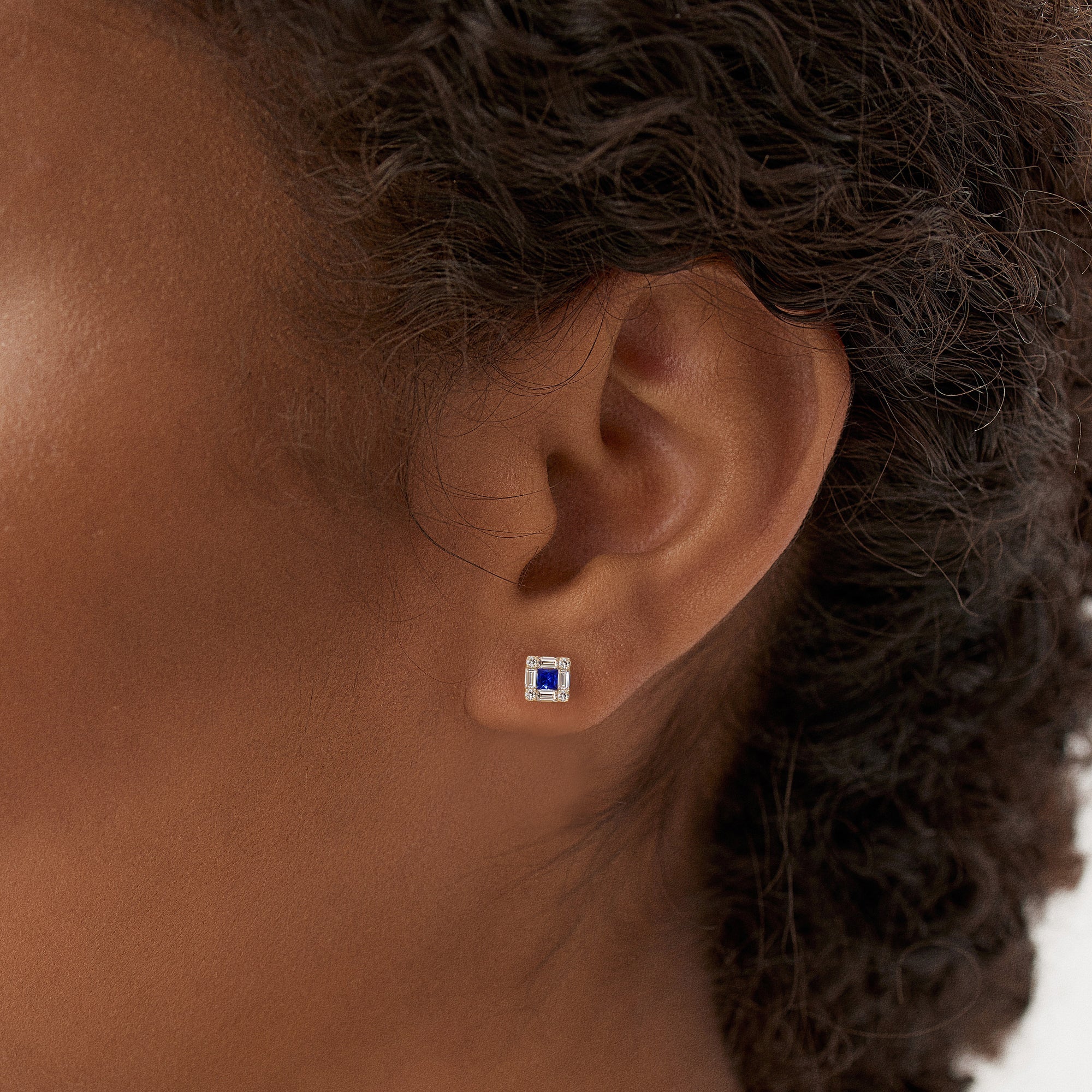 OBFJ0876 - 14K Princess-Cut Sapphire Stud Earrings with Diamond Halo 3