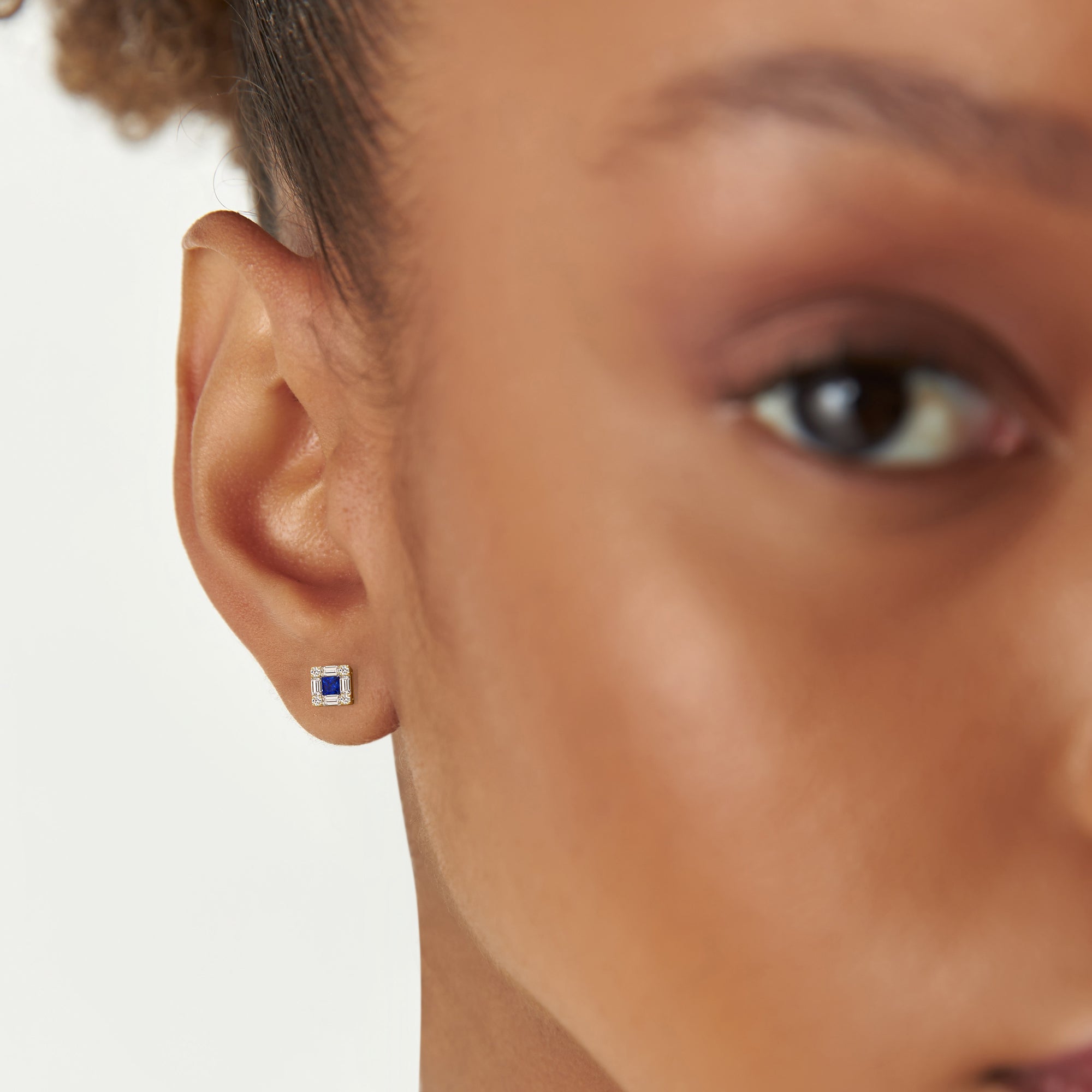 OBFJ0876 - 14K Princess-Cut Sapphire Stud Earrings with Diamond Halo 5