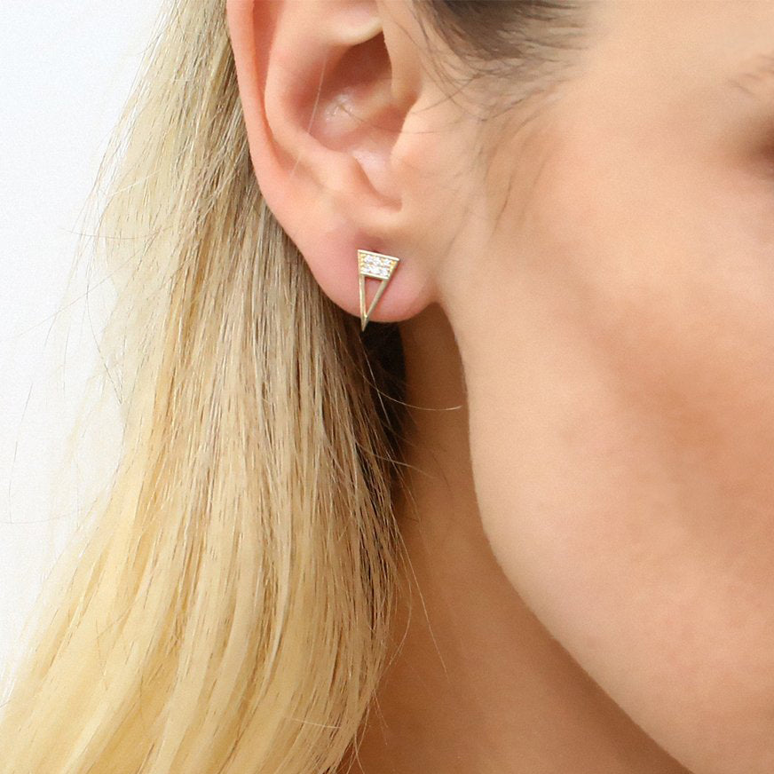 OBFJ1655 - 14K Gold Elongated Triangle Earrings with Micro Pave Diamonds 2