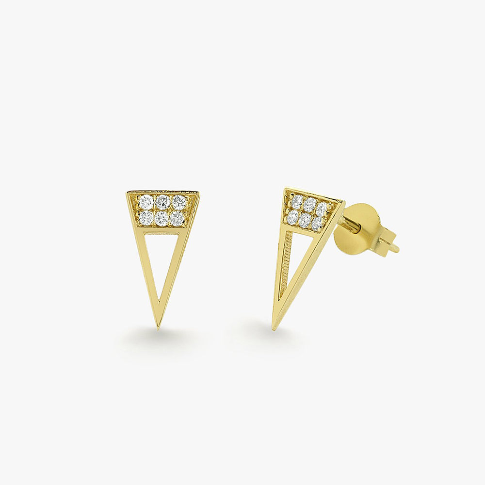 OBFJ1655 - 14K Gold Elongated Triangle Earrings with Micro Pave Diamonds 1