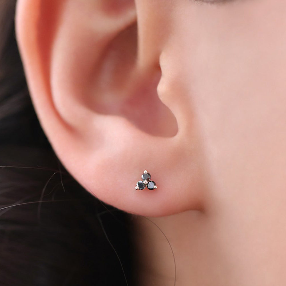 OBFJ1694 - 14K Gold Tiny Black Diamond Trio Stud Earrings 3