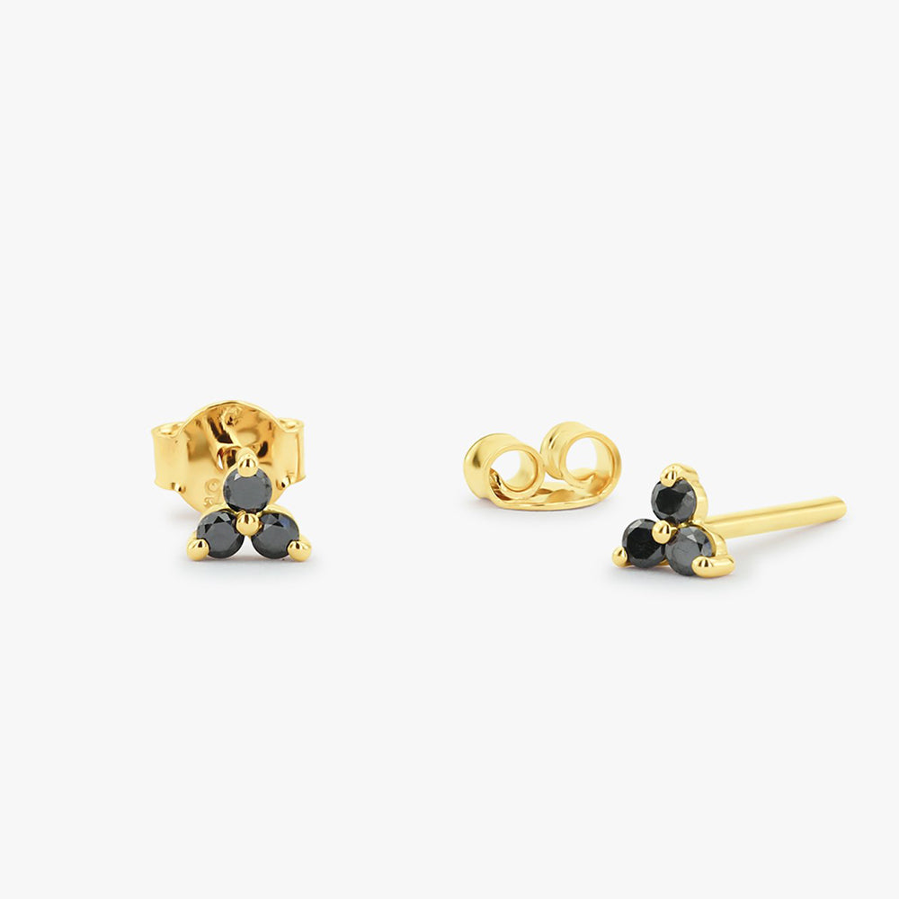 OBFJ1694 - 14K Gold Tiny Black Diamond Trio Stud Earrings 1