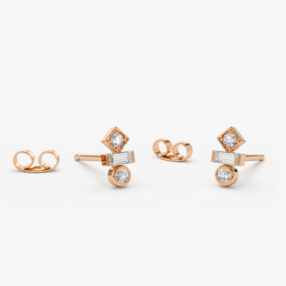 OBFJ1578 - 14K Gold Baguette and Round Cut Mix Diamond Earrings 5