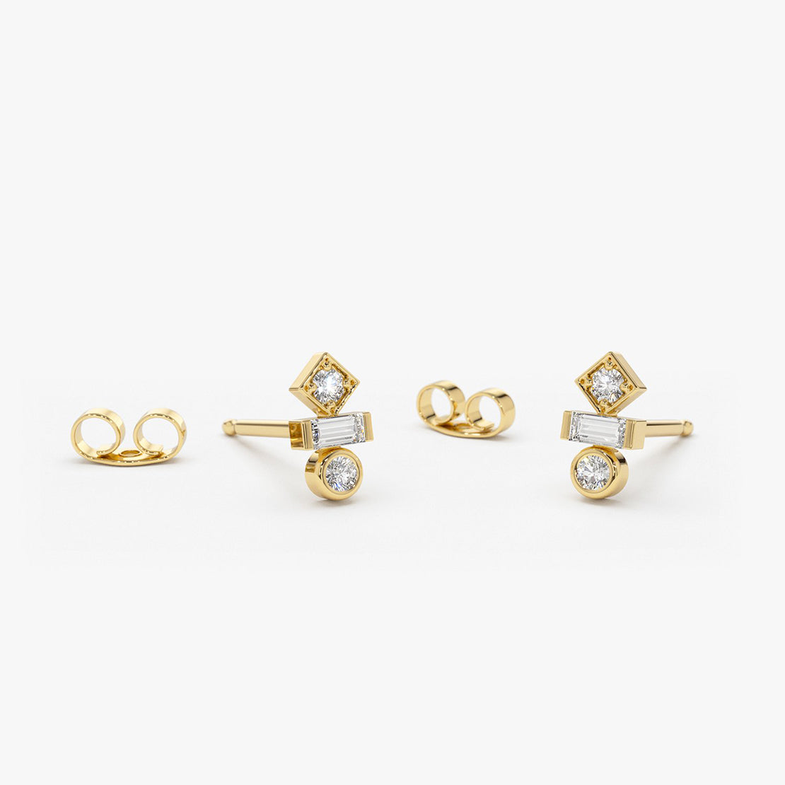 OBFJ1578 - 14K Gold Baguette and Round Cut Mix Diamond Earrings 1