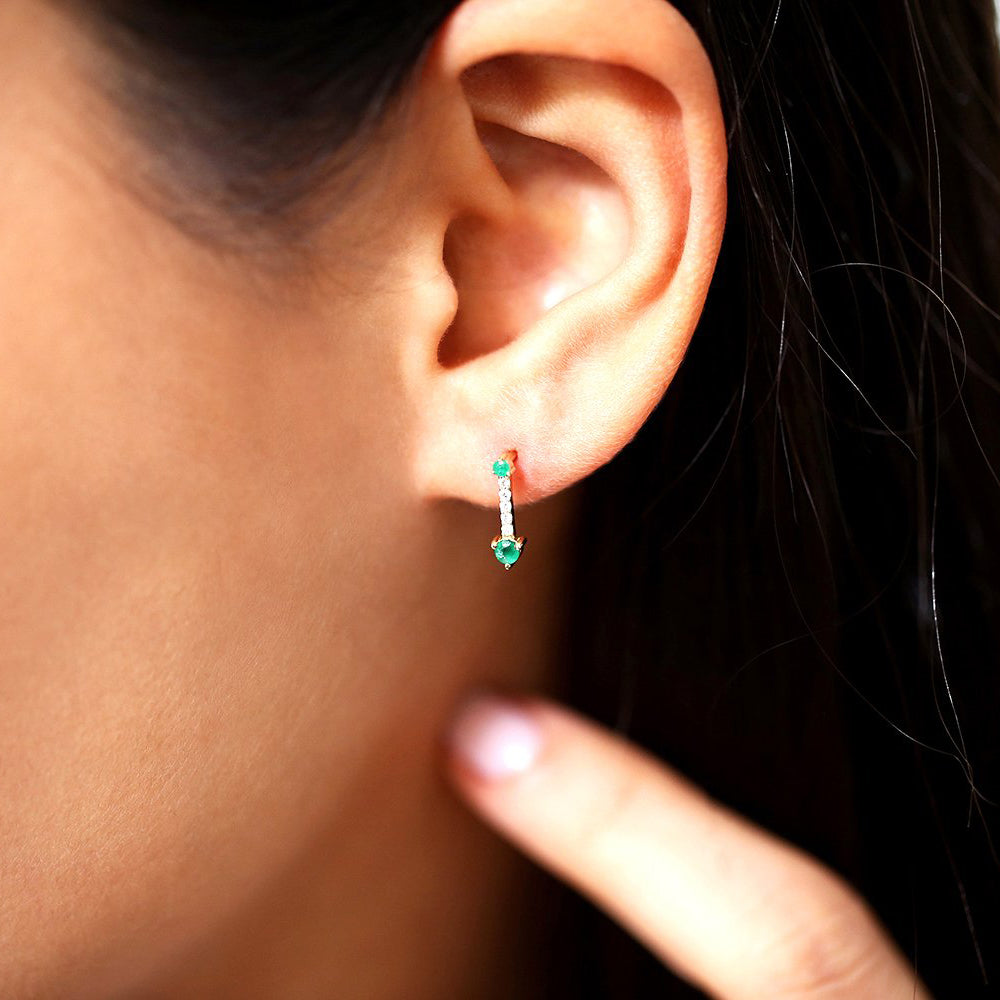 OBFJ1696 - 14K Gold Round Emerald and Diamond Earrings 2