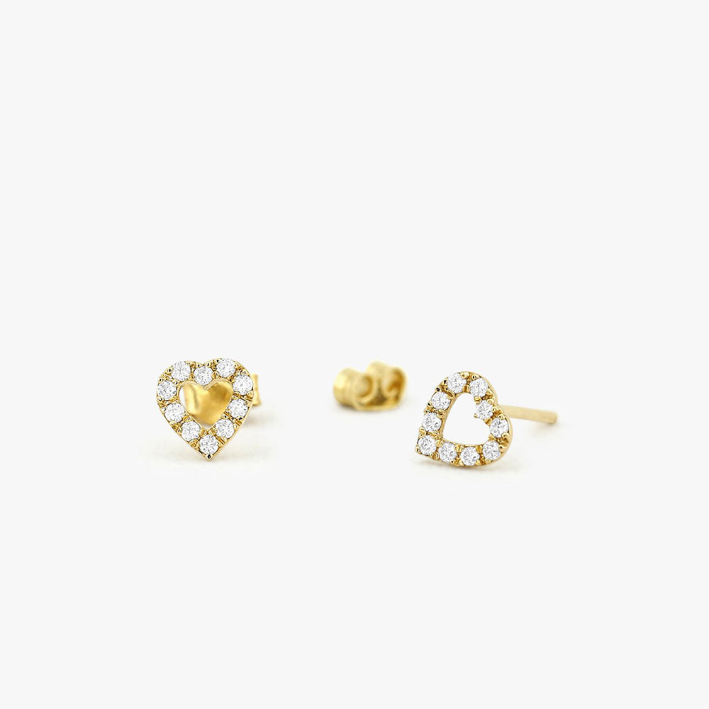 OBFJ1667 - 14K Gold Mini Heart Earrings Diamond Studs 1
