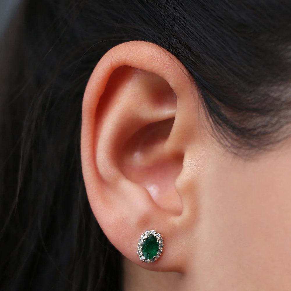 OBFJ1689 - 14k Gold Oval Cut Emerald Diamond Earrings 3