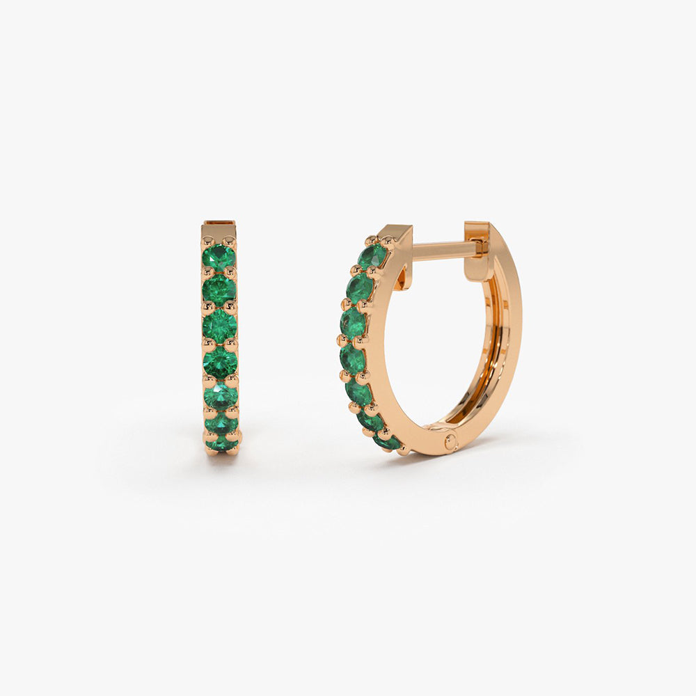 OBFJ1844 - 14K Gold Emerald Huggie Hoop Earrings 5