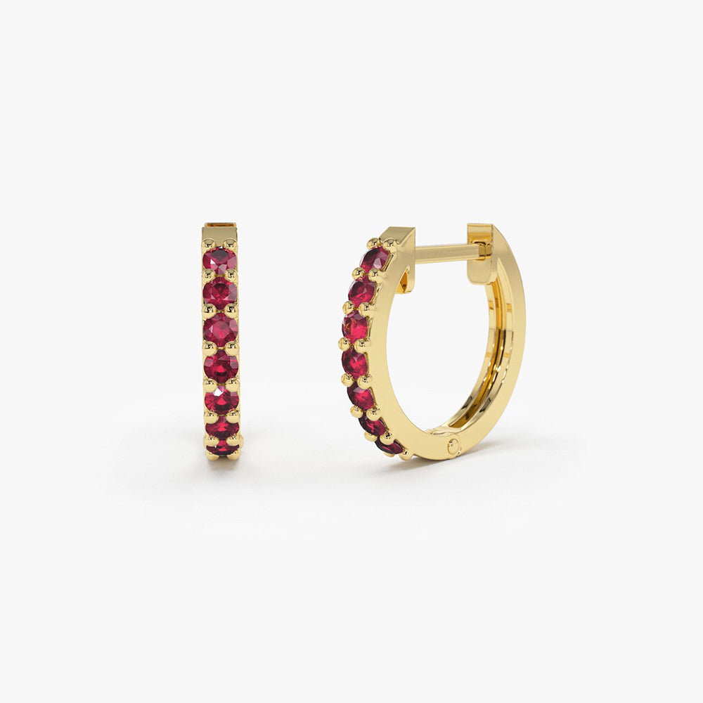 OBFJ1858 - 14K Gold Ruby Huggie Hoop Earrings 1