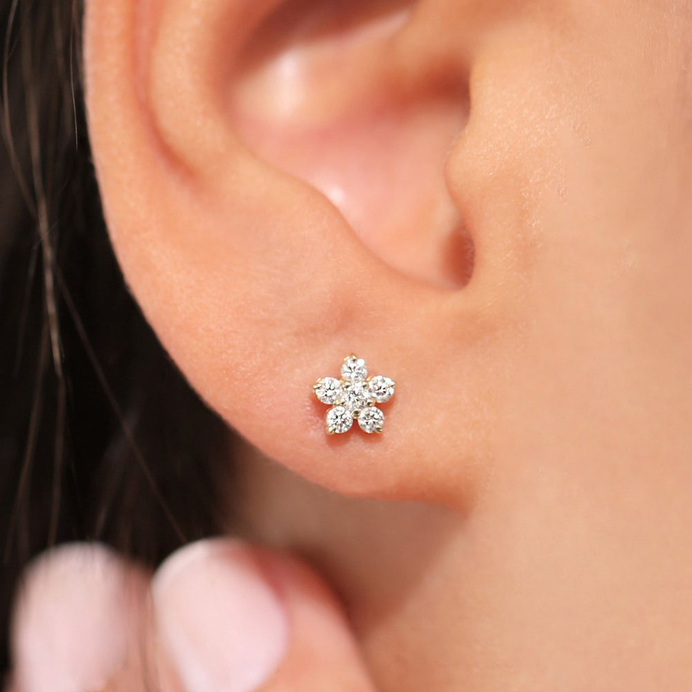 OBFJ1742 - 14K Gold Diamond Flower Earrings 2