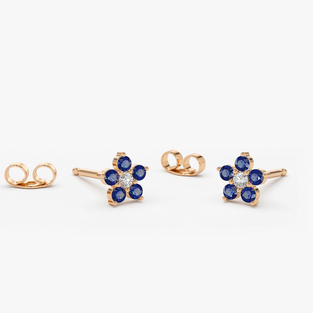 OBFJ1865 - 14k Sapphire and Diamond Flower Studs 5