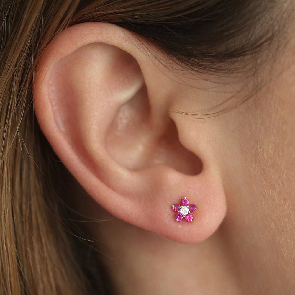OBFJ1848 - 14K Ruby and Diamond Flower Studs 2