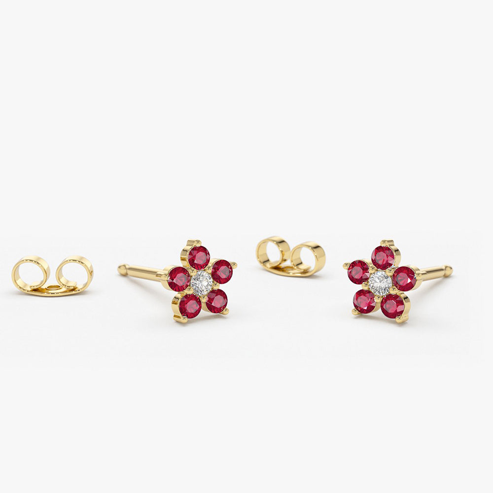 OBFJ1848 - 14K Ruby and Diamond Flower Studs 1