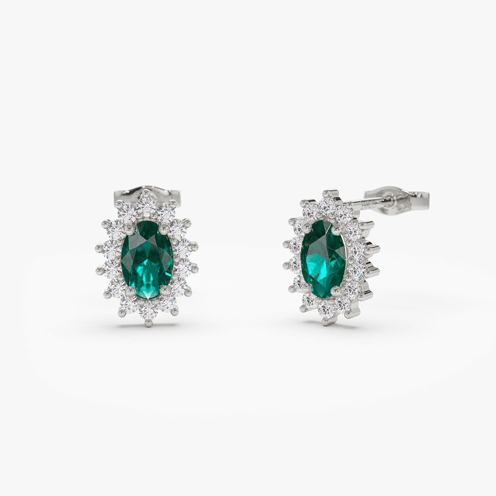 OBFJ2053 - 14k Emerald Earrings with Halo Diamonds 5