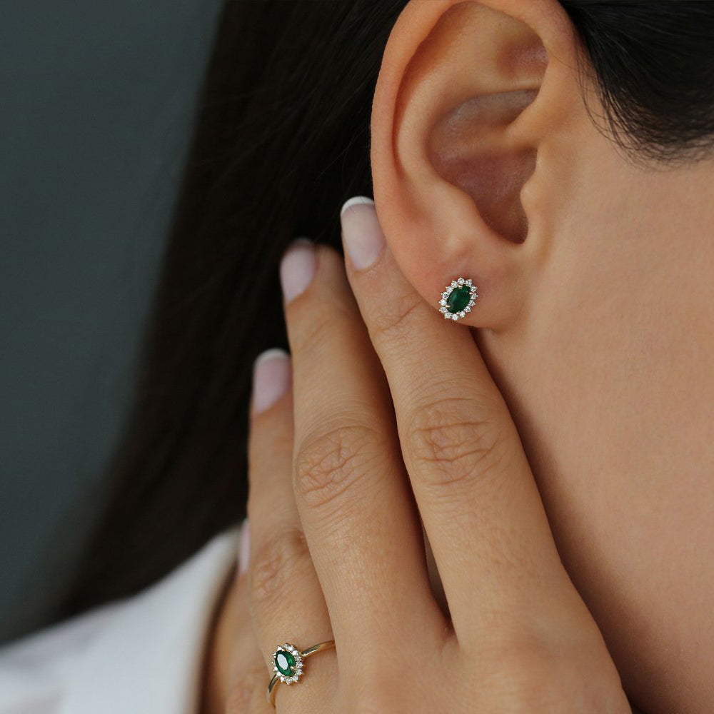 OBFJ2053 - 14k Emerald Earrings with Halo Diamonds 3