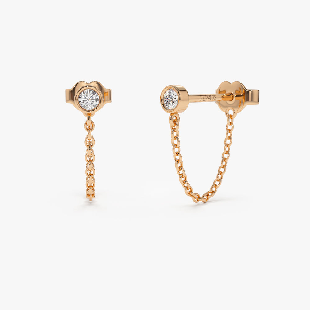 OBFJ2089 - 14k Bezel Setting Diamond Studs Chain Earrings 6