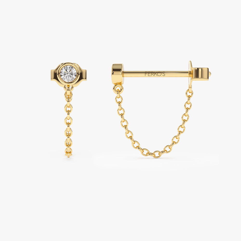 OBFJ2089 - 14k Bezel Setting Diamond Studs Chain Earrings 8