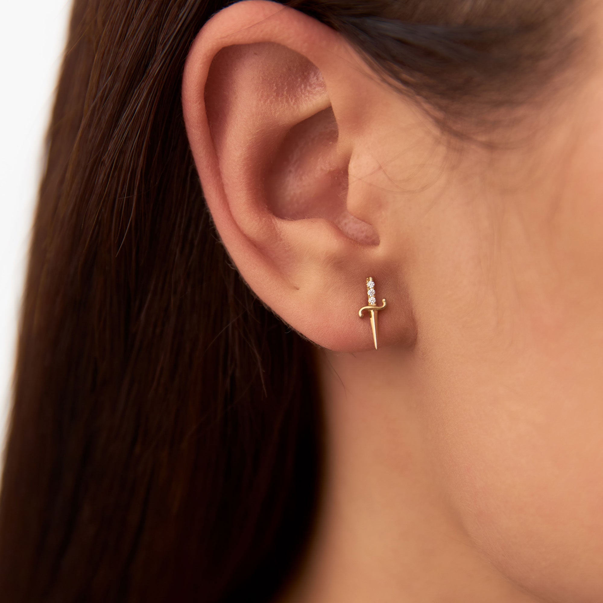 OBFJ1265 - 14k Gold Mini Sword Diamond Earrings 2