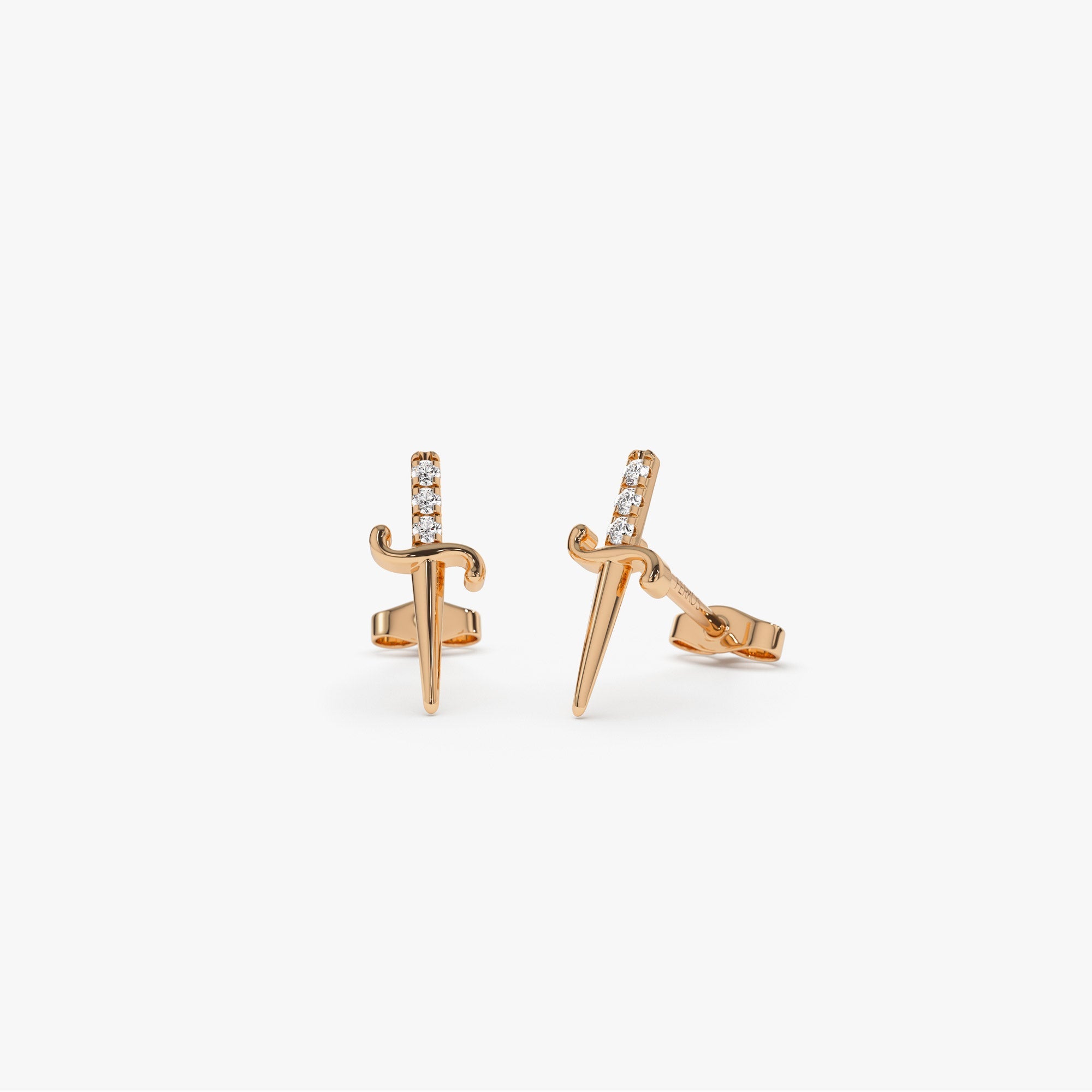 OBFJ1265 - 14k Gold Mini Sword Diamond Earrings 3