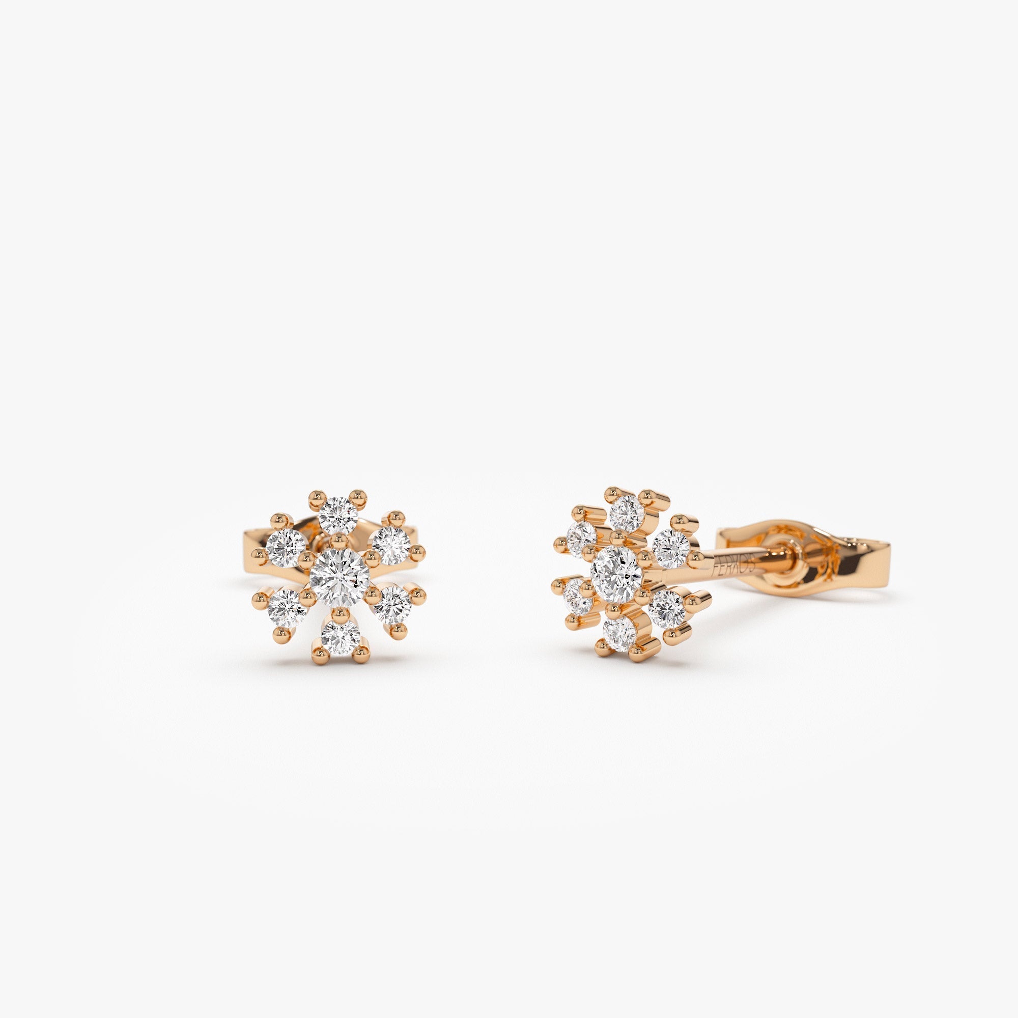 OBFJ0195 - 14K Rose Petite Flower Design Diamond Stud Earrings 1