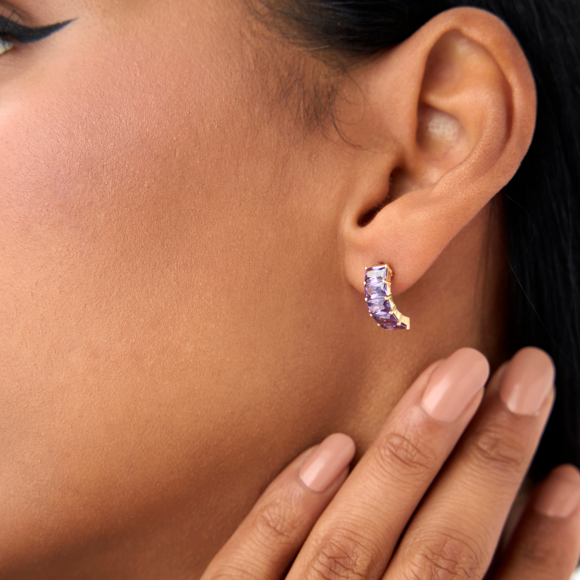 OBFJ0802 - 14K Emerald Cut Amethyst Half Hoop Earrings 2