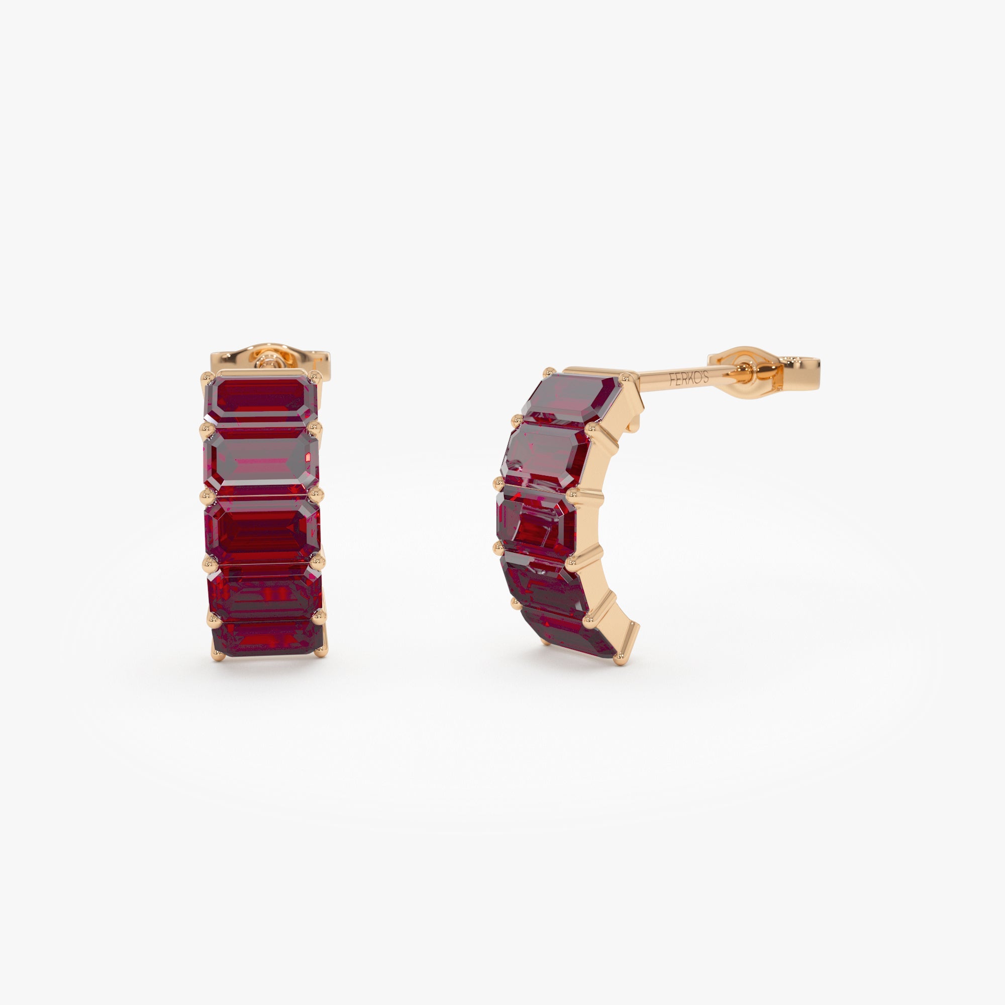 OBFJ0801 - 14K Emerald Cut Garnet Half Hoop Earrings 3