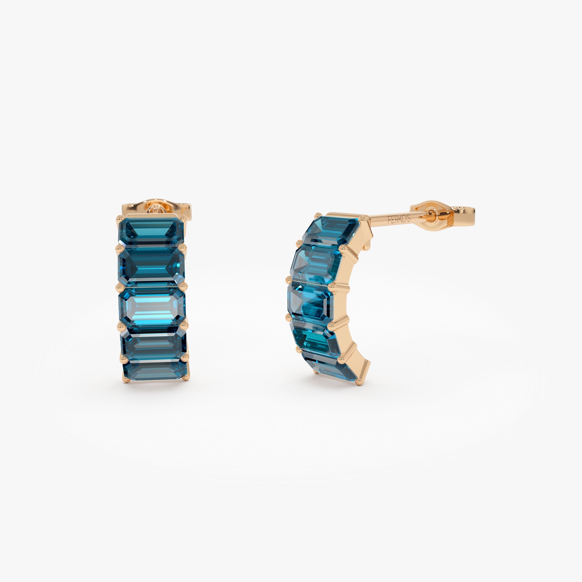 OBFJ0804 - 14K Emerald Cut London Blue Topaz  Half Hoop Earrings 5