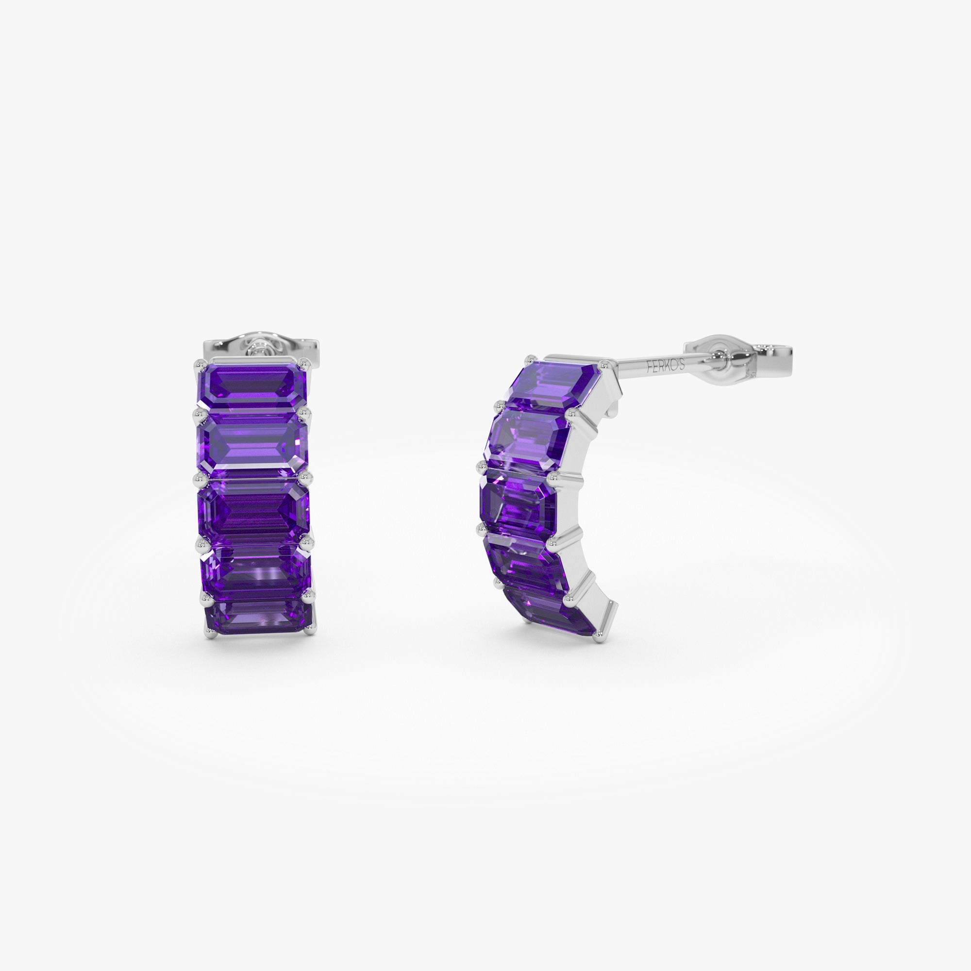 OBFJ0802 - 14K Emerald Cut Amethyst Half Hoop Earrings 4