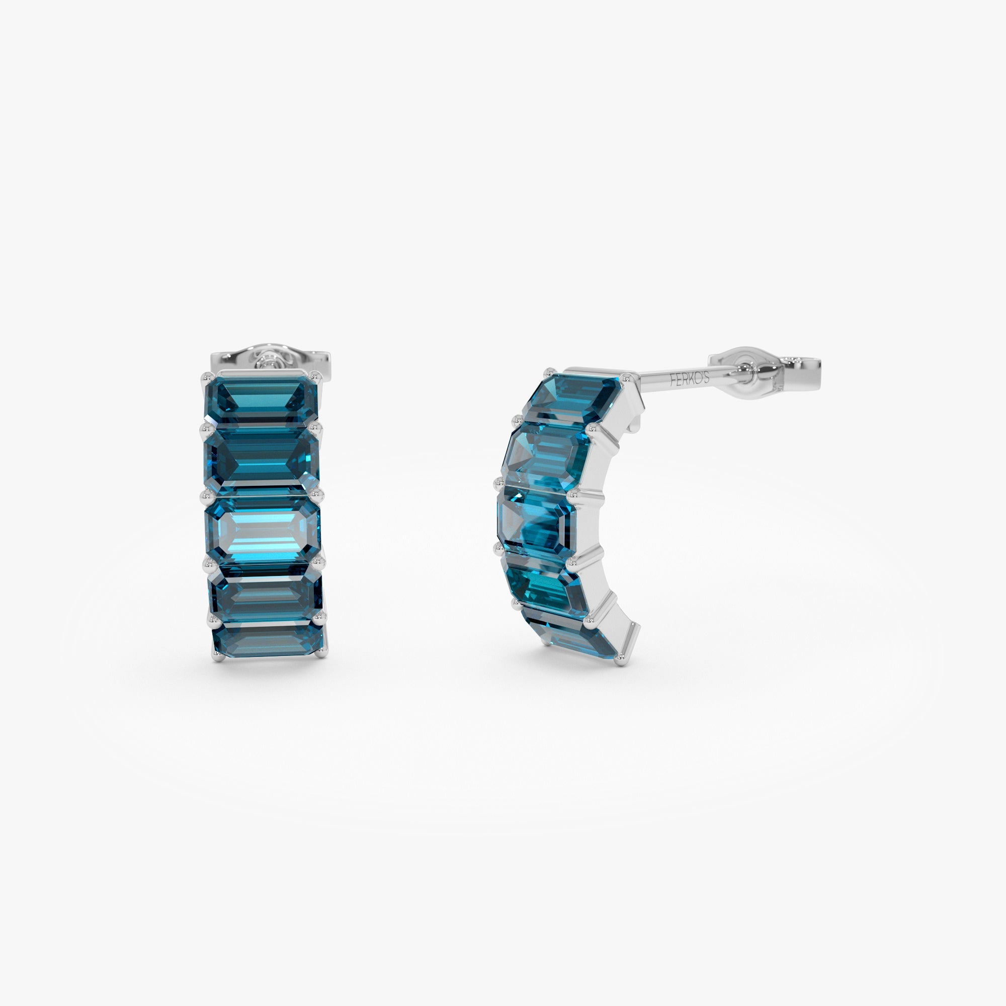 OBFJ0804 - 14K Emerald Cut London Blue Topaz  Half Hoop Earrings 6