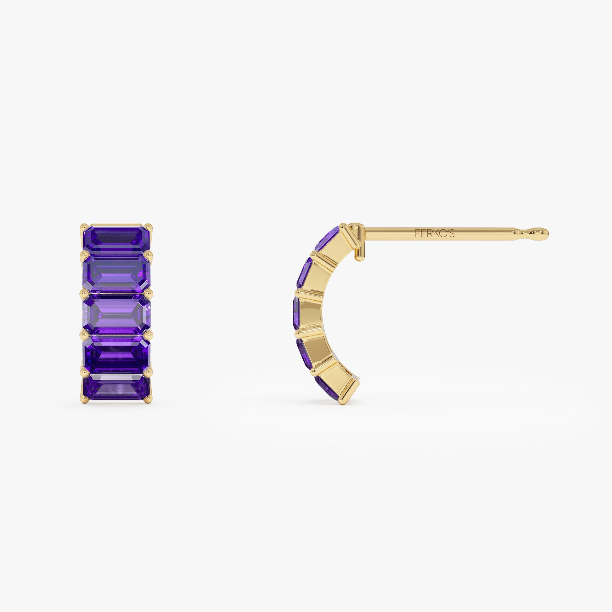 OBFJ0802 - 14K Emerald Cut Amethyst Half Hoop Earrings 5