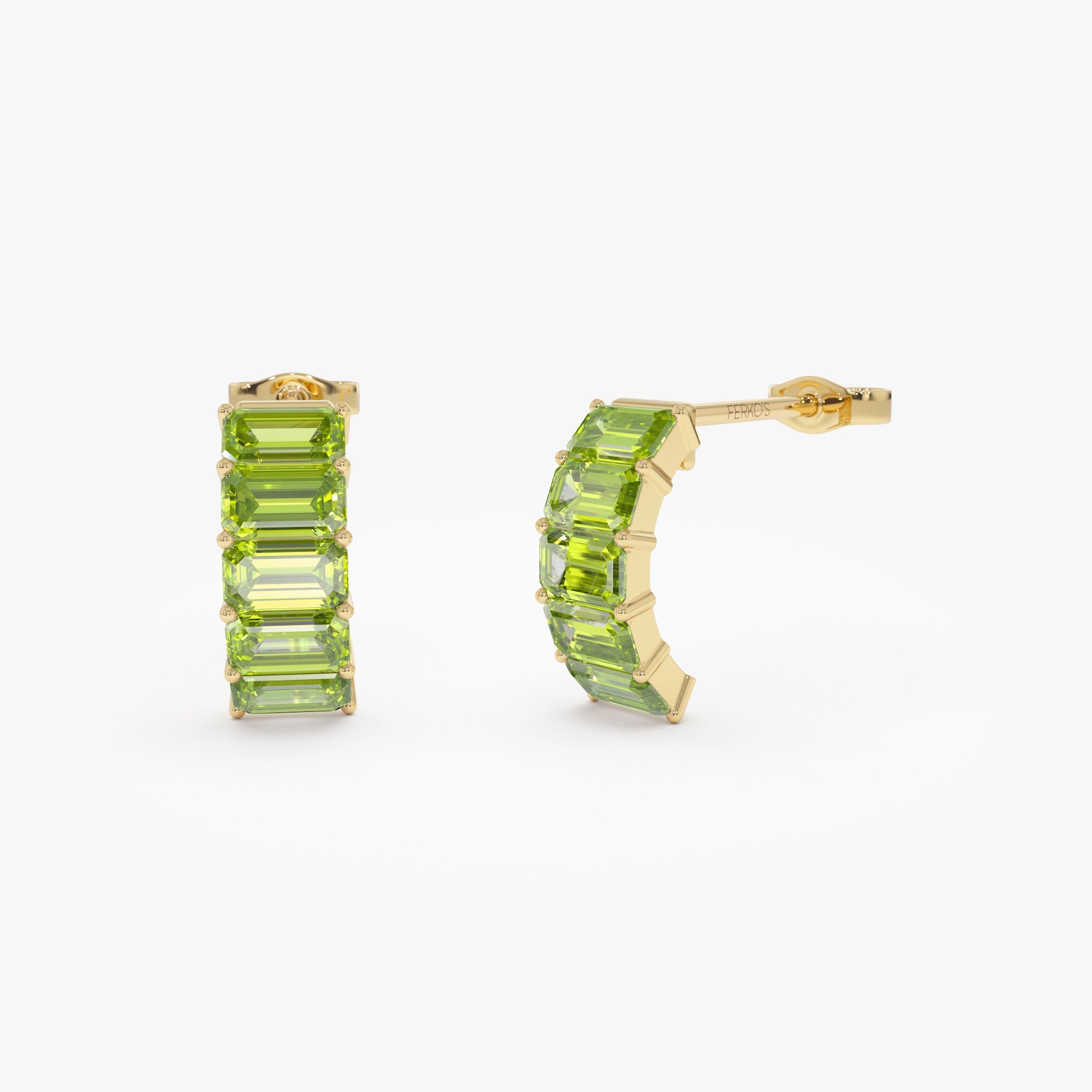 OBFJ0803 - 14K Emerald Cut Peridot Half Hoop Earrings 1